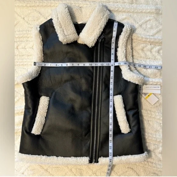 Sanctuary Black Cream Faux Sherpa Trimmed Vegan Leather Vest Medium - Picture 12 of 14